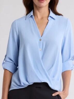Status by Chenault Light Blue Faux-Wrap Button Blouse Roll-Tab Sleeve | Size L